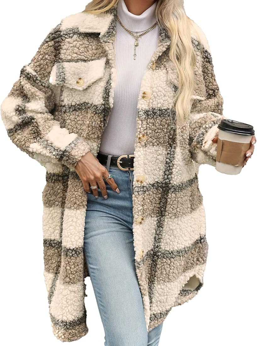 Women's 2024 Winter Fuzzy Fleece Long Jackets Plaid Faux Fur Teddy Coat Warm Sherpa Outerwear Car... | Amazon (US)