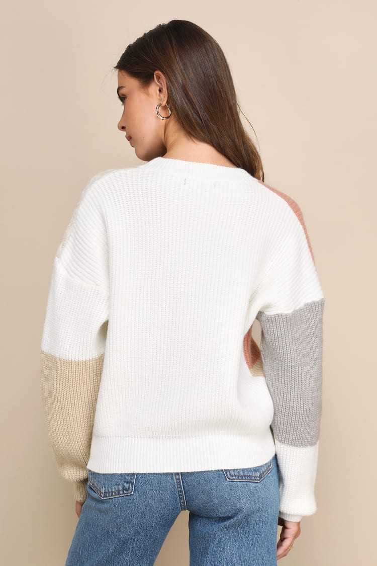Adorable Expression Ivory Multi Color Block Cable Knit Sweater | Lulus