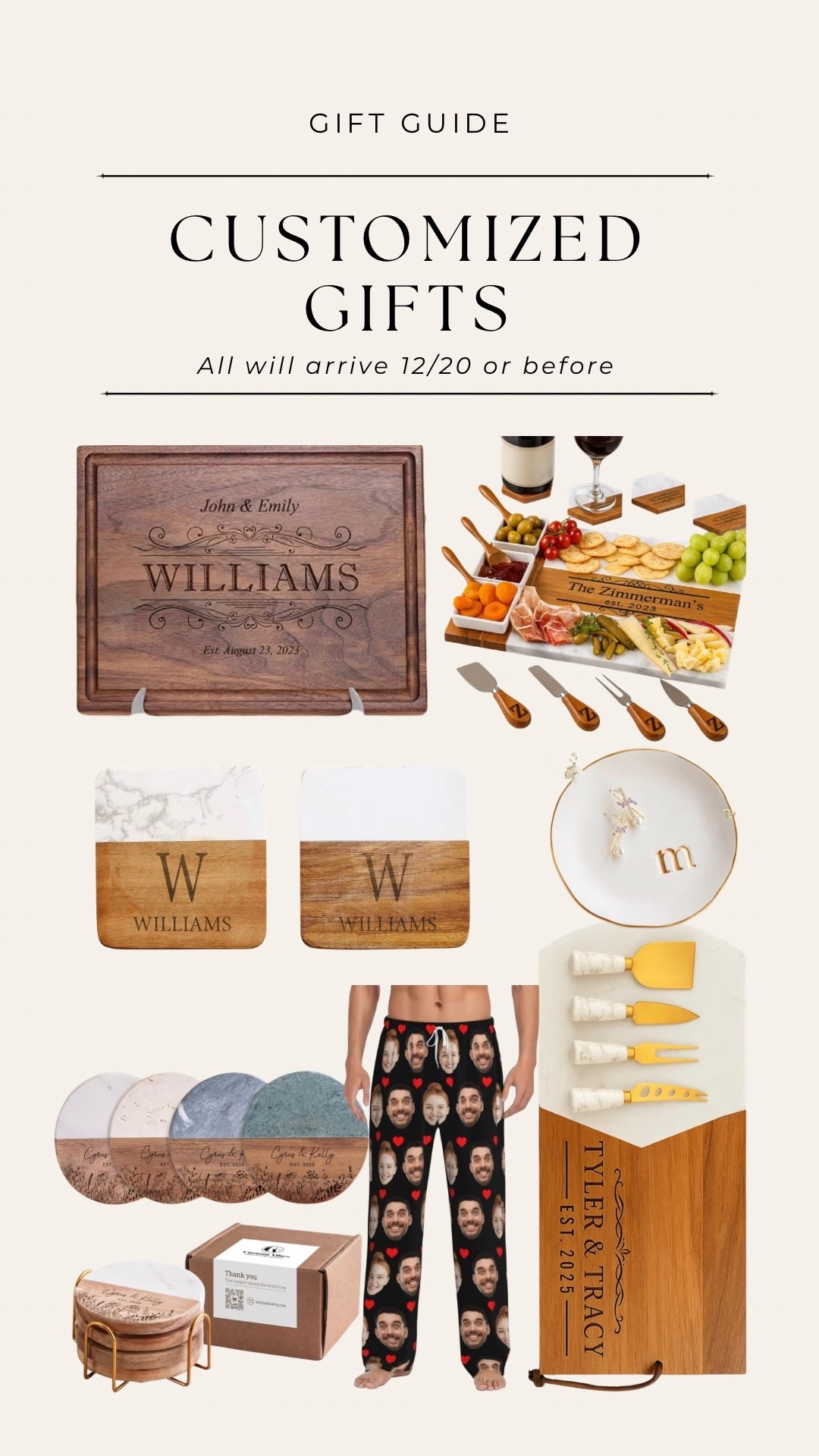 Customized gift ideas that will arrive before 12/20! I purchased the top left wooden board for my sister in laws wedding gift and it was FABULOUS! 

Also bought the pants for my husband before his bachelor party and put my face on it. 😃

•
•

#ad #founditonamazon #Winterfavorites2025 @amazon
Engraved wooden cheeseboard, hostess gifts ideas, monogrammed gift ideas, Amazon gifts for family members, boyfriend husband gifts, marble cheeseboard gold serving knives, custom coasters, Christmas gift ideas 

#LTKGiftGuide #LTKHome #LTKHoliday