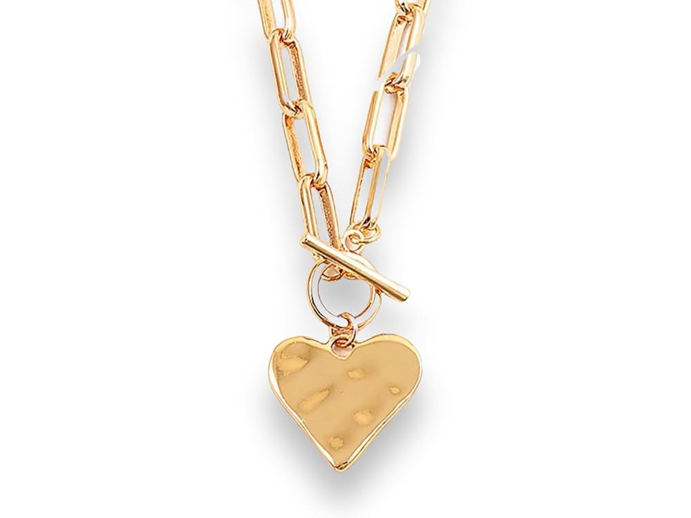 Gold Chain Link Heart Necklace - Toggle Necklace - Hammered Pendant - 16.5in (Heart) | Amazon (US)