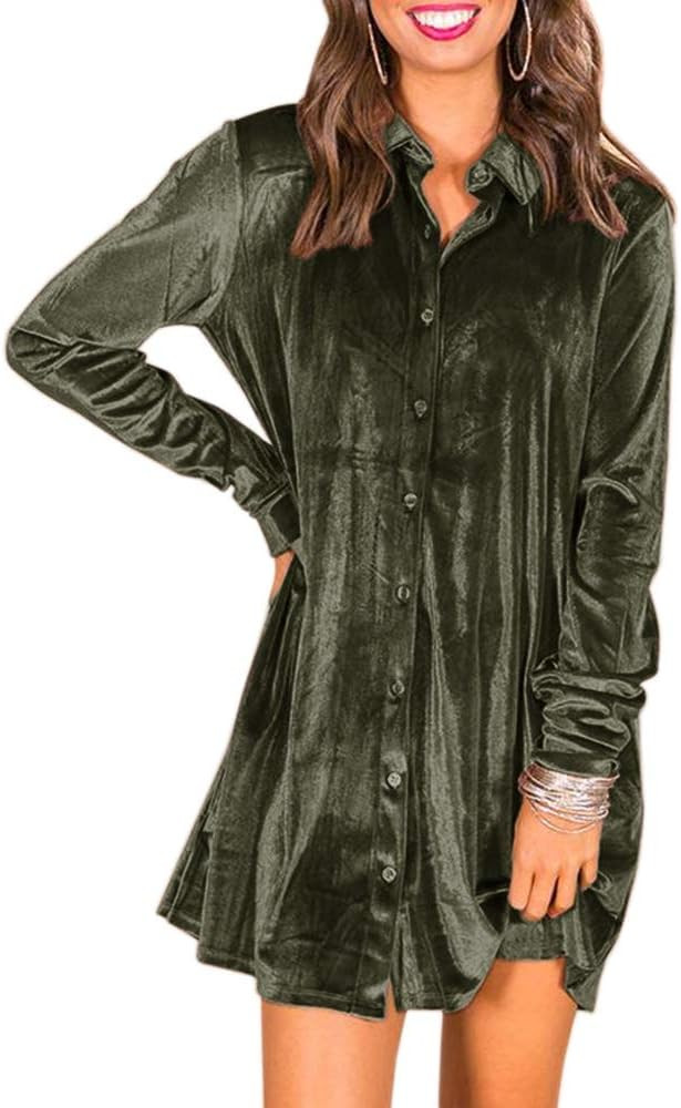 Ivay Women's Spring Button Down Tshirt Dresses Velvet Tunic Dress with Pockets | Amazon (US)