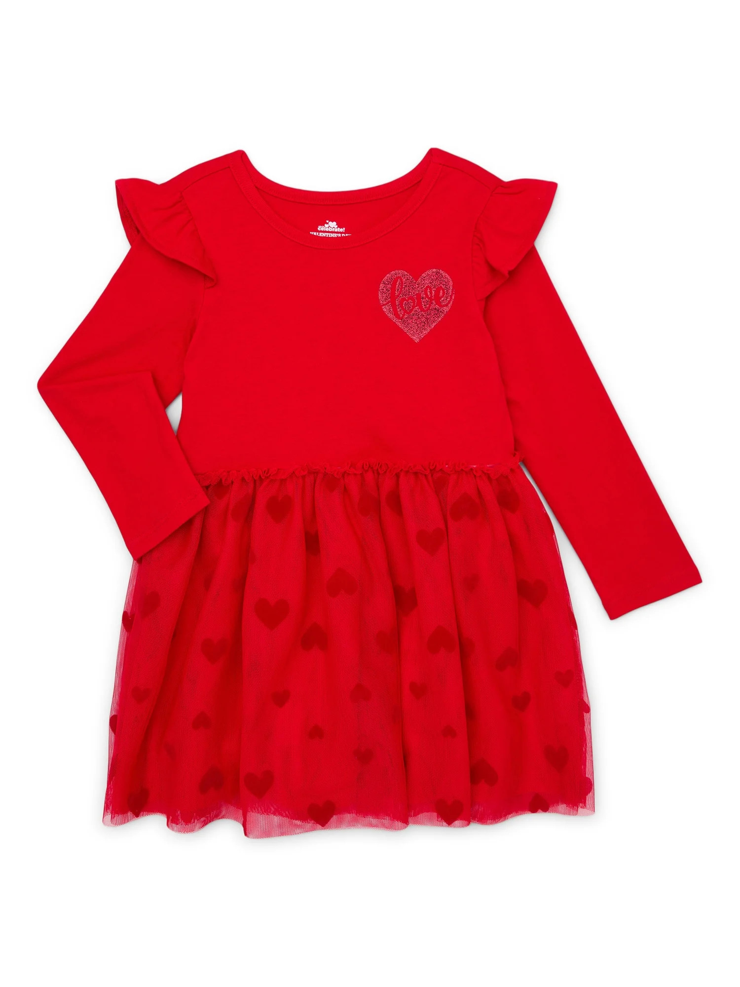 Way To Celebrate Toddler Girl Valentine's Day Long Sleeve Mesh Dress, Sizes 12M-5T | Walmart (US)