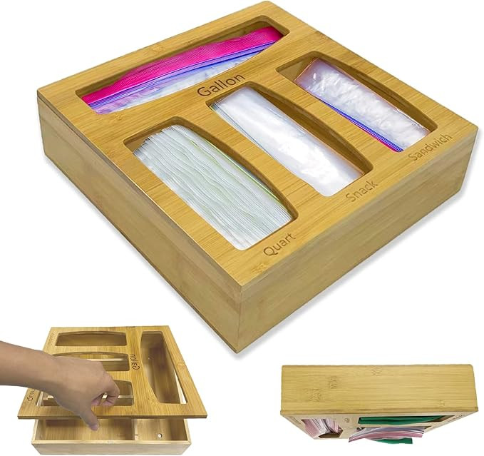 Bamboo Ziplock Bag Storage Organizer and Dispenser for Kitchen Drawer, Removable Magnetic Top Cov... | Amazon (US)