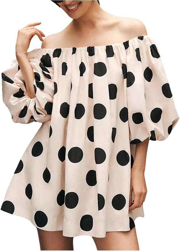 Verdusa Women's Polka Dots Off The Shoulder Dress Lantern Sleeve Loose Straight Mini Dresses | Amazon (US)