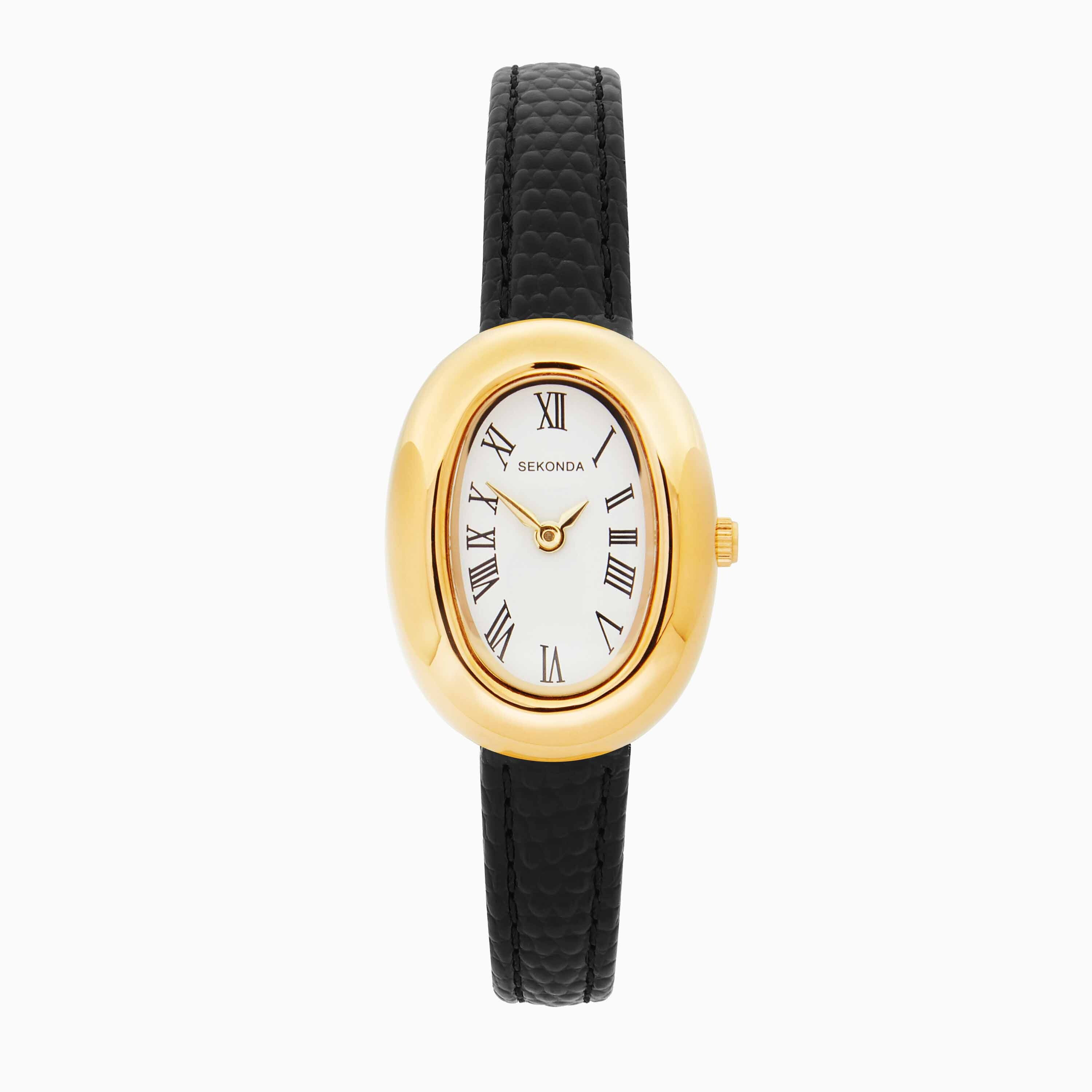 Bellamy Ladies Watch | Gold Case and Black Leather Strap | Oval 23mm Case | White Dial | Sekonda