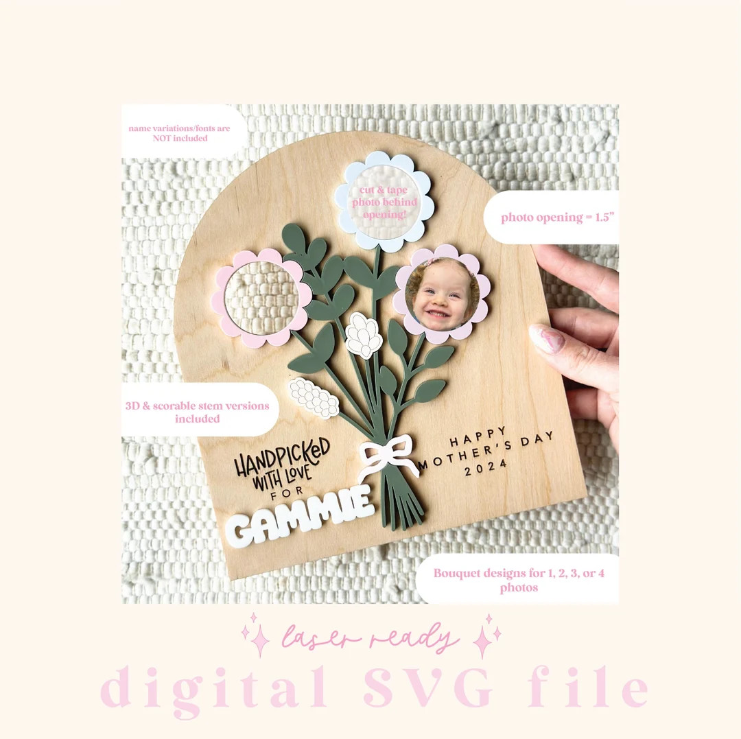 SVG Mother's Handpicked Flower Photo Sign Mother's Day Digital File Gift for Mom Laser Ready File... | Etsy (US)