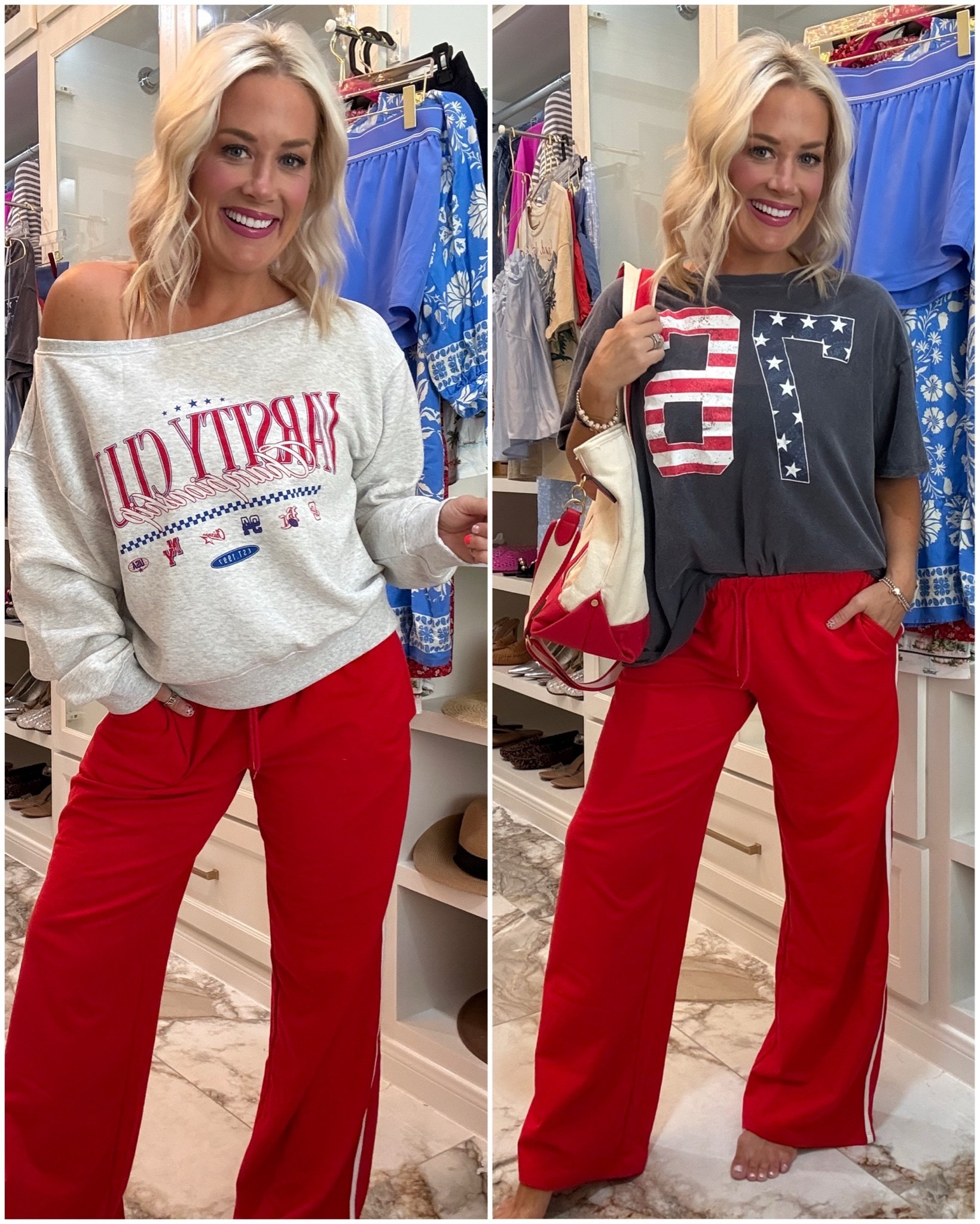 All of these are under $15 for July fourth weekend! Sweatshirt /medium shirt large 
Pants size small