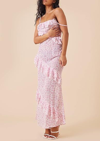 Women Y2k Ruffle Spaghetti Strap Maxi Dress V Neck Long Cami Dress Slit Bodycon Slip Dress Going ... | Amazon (US)