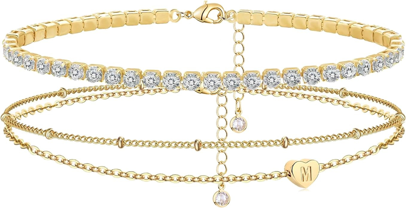 YANODA Gold Initial Bracelets for Women, 14K Gold Plated Bracelet Sets Trendy Gold Bracelet Stack... | Amazon (US)