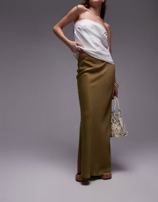 Topshop satin bias maxi skirt in khaki | ASOS (Global)