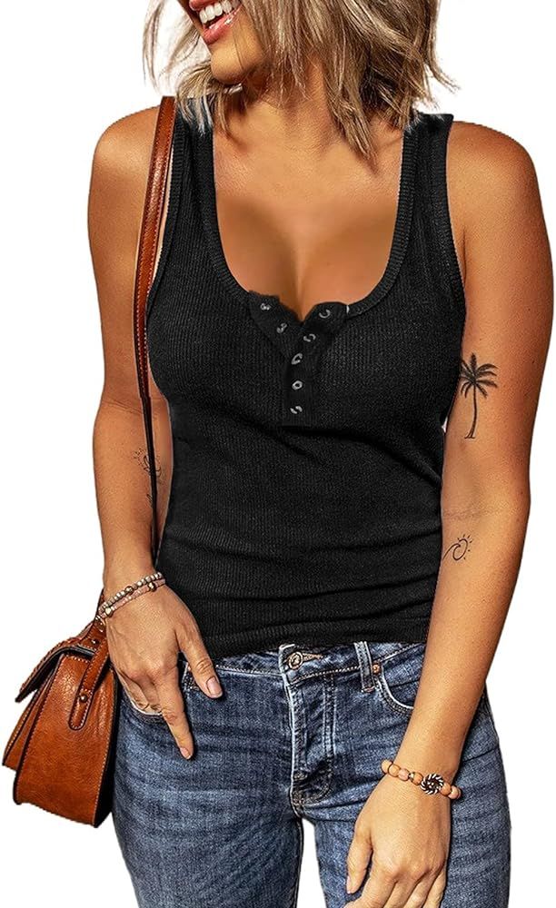 Actloe Womens Summer Tanks Sleeveless Button Up Shirts Henley Tight Low Cut Tops Casual | Amazon (US)