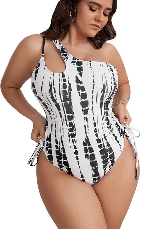 MakeMeChic Women's Plus Size Tie Dye Cut Out One Shoulder Drawstring One Piece Swimsuit | Amazon (US)