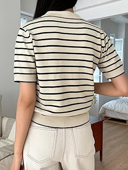 Floerns Women's Striped Print Short Sleeve Collar Neck Knitted Casual Tee Shirt | Amazon (US)