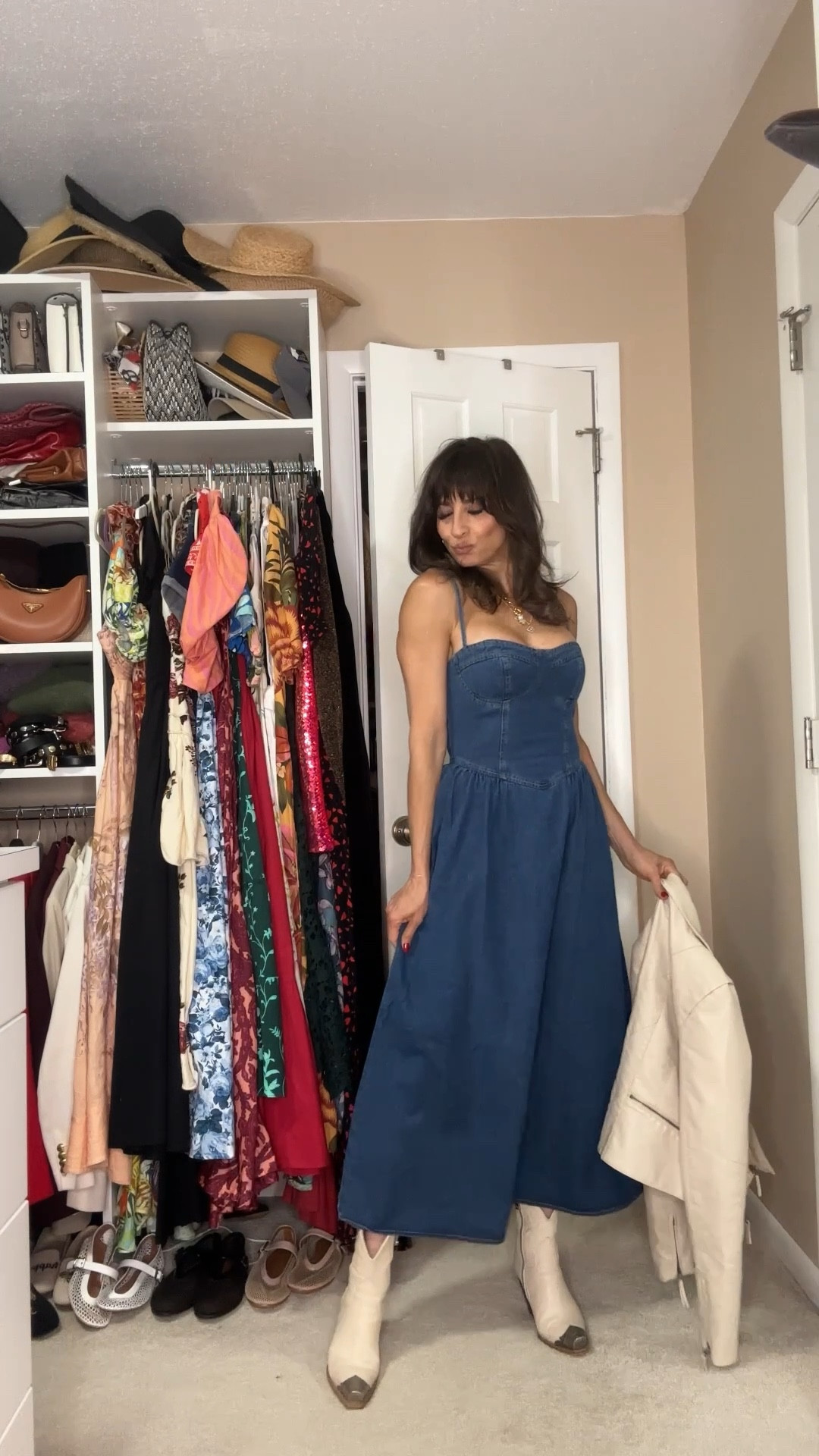 Midi denim dress fita true to size. The faux leather jacket fits small. I sized up to a size Small.

The jeans is super small. I sized up to a 25 snd ai could have easily gone to a 26!

Boots fit true to size! 

Blazer also fits small. I sized up to size 2.  Vest is old but I found a very similar one and I know they tun small as they are from the same brand as the blazer!
Bag is not available here, but I linked on my Instagram account .

#LTKStyleTip #LTKWorkwear #LTKOver40