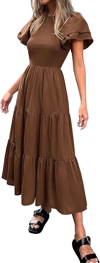 BTFBM Women Casual Summer Dresses Crewneck Flutter Puff Short Sleeve Elastic Waist Flowy Aline Ti... | Amazon (US)