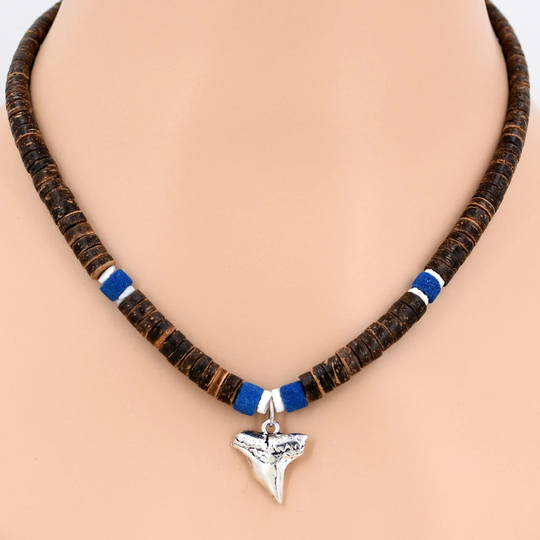 Silver Shark Tooth Necklace 18-21-24 inch Lengths Black or Brown Graduated Coconut Beads, White P... | Etsy (US)