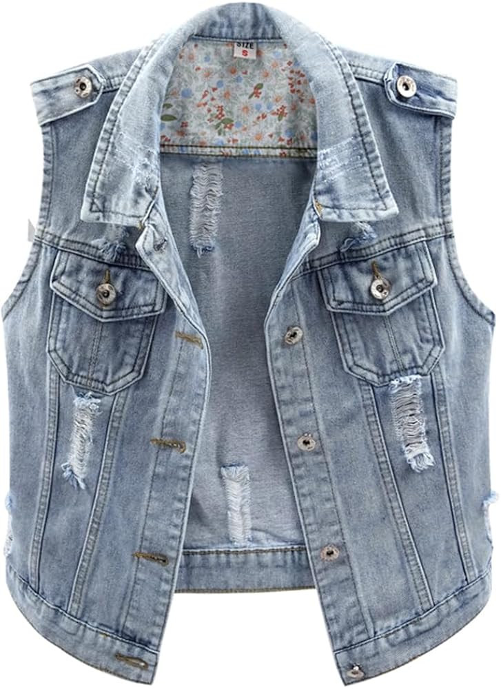 Kedera Womens Denim Jean Vest Classic Junior Button Up Cropped Distressed Sleeveless Jean Jacket | Amazon (US)