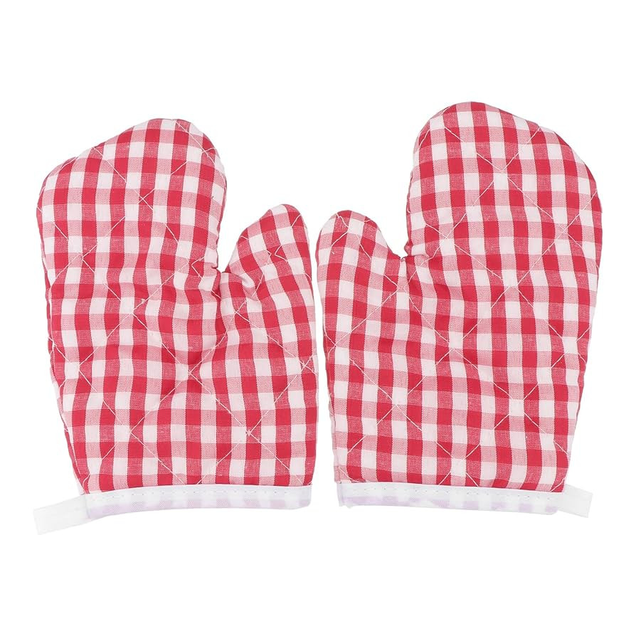 Oven Mitts for Kids, Red Grid Kitchen Gloves Heat Resistant for Cooking Baking Microwave | Amazon (US)