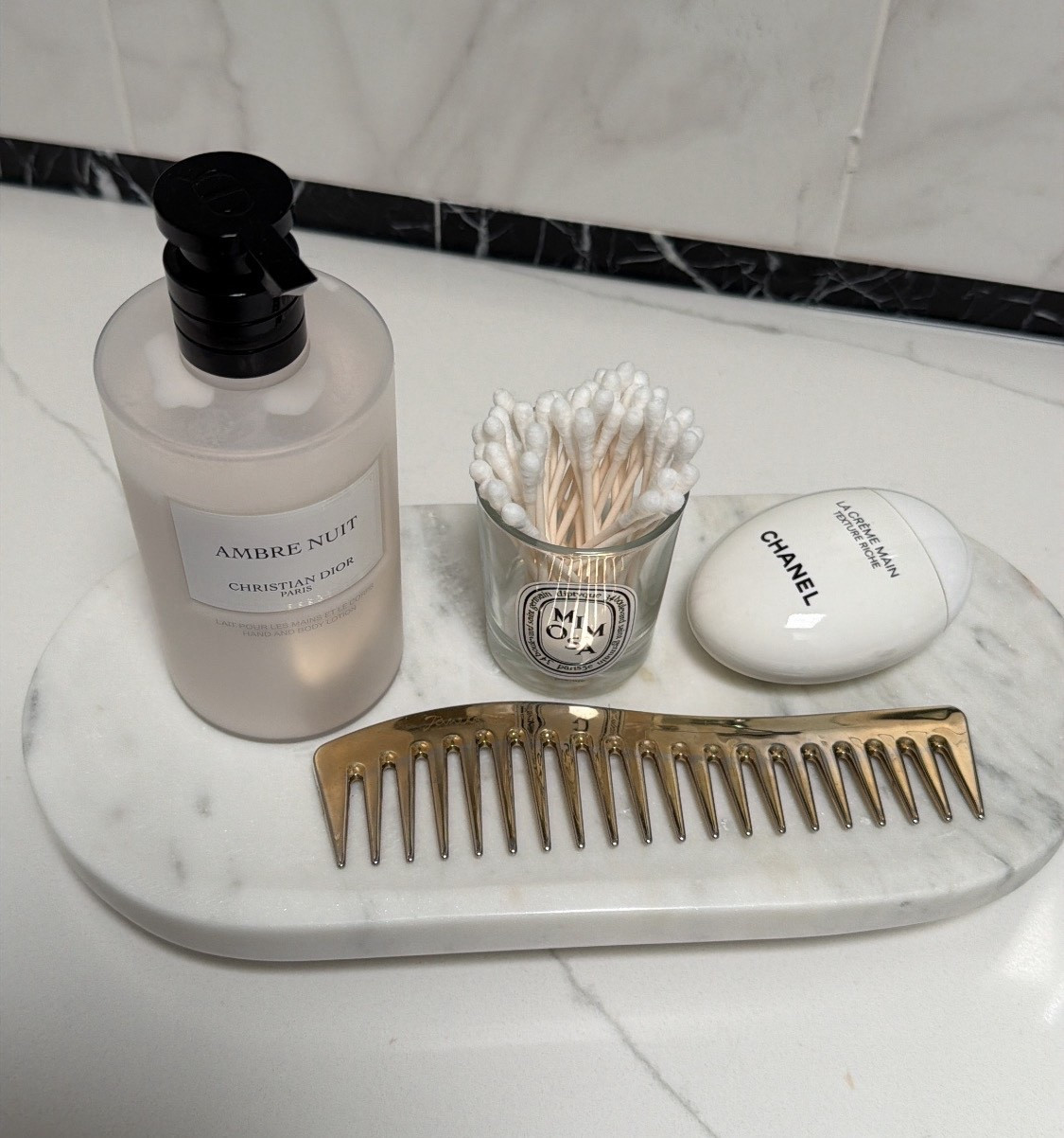 Marble bathroom tray, Dior, lotion, candle, gold comb, luxury, Chanel handcream, Beauty.

#LTKHome #LTKSaleAlert #LTKBeauty