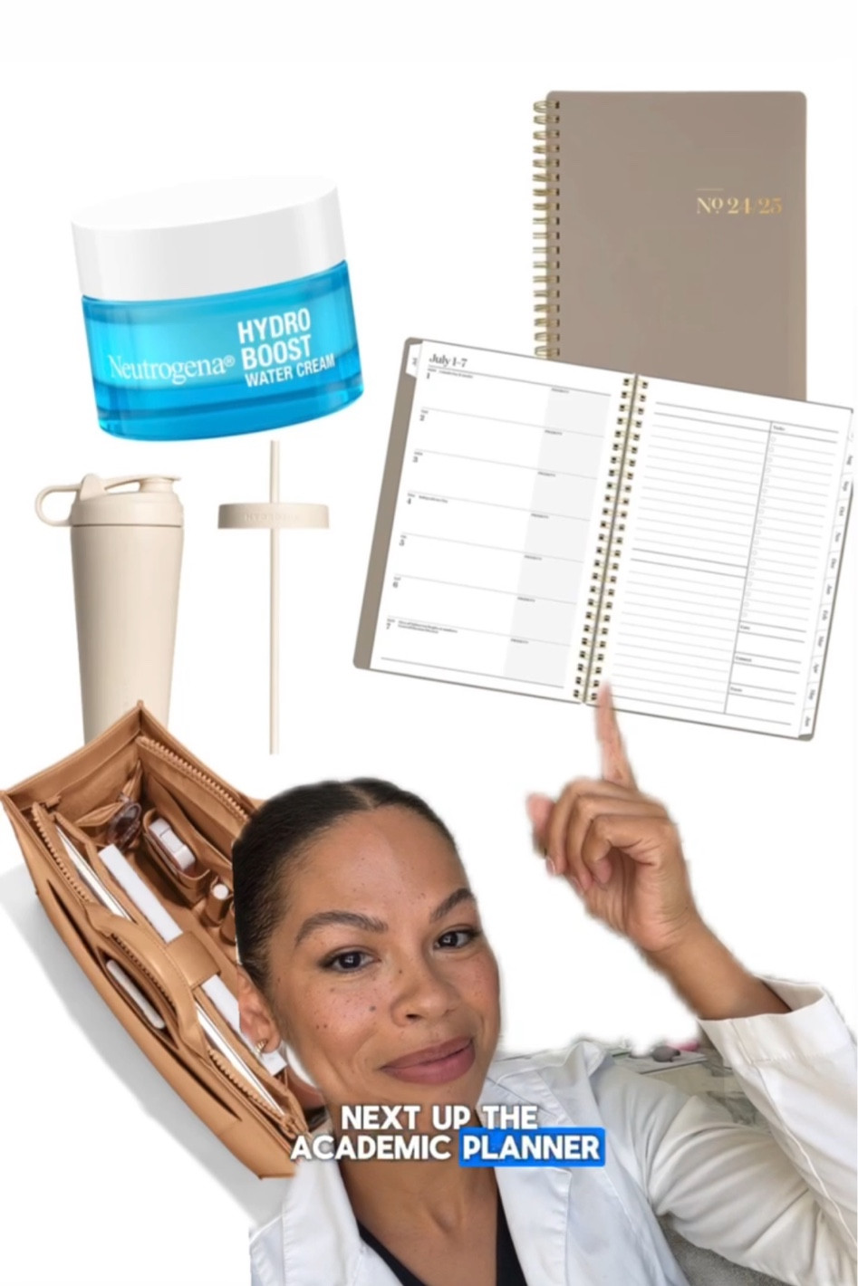 Back to school items tote bag, planner, water bottle, simple moisturizer 