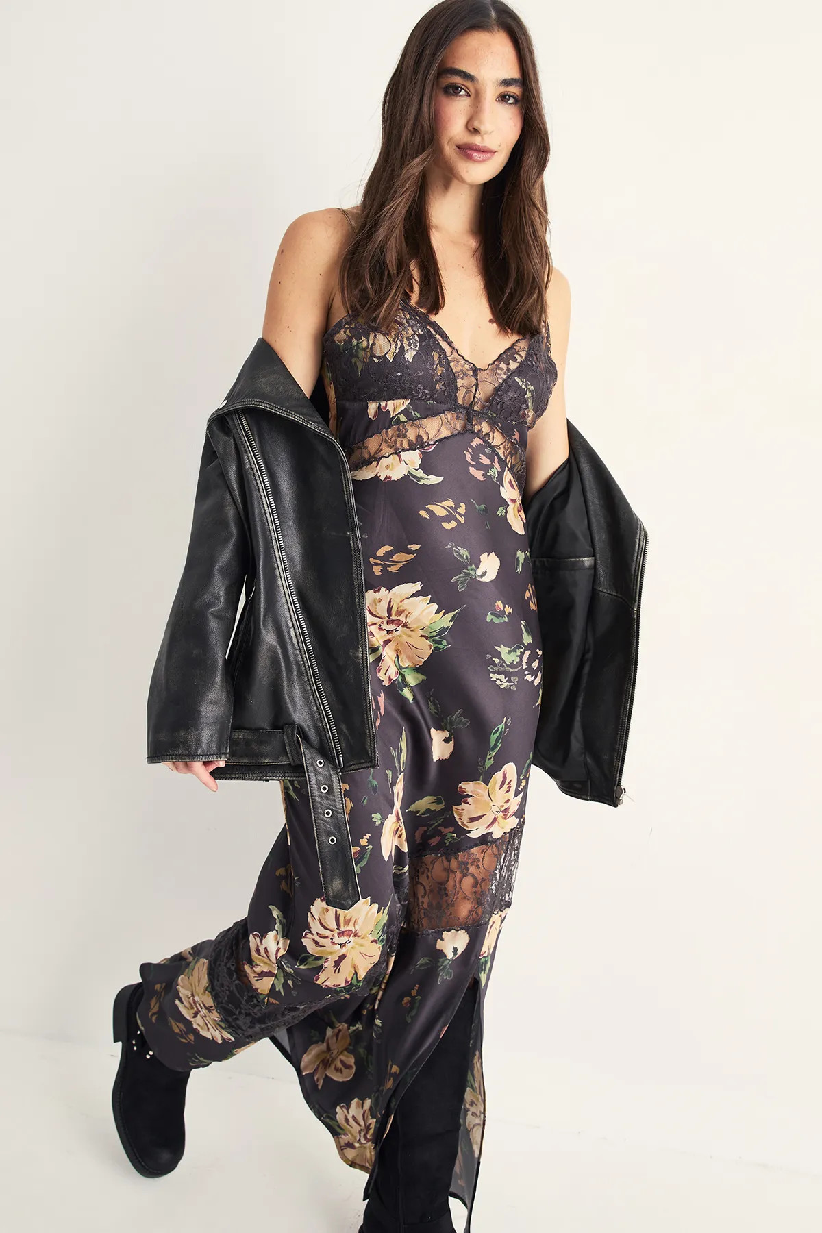 Black Nasty Gal Satin Floral Cutwork Lace Split Leg Maxi Dress | Boohoo USA | boohoo (US & Canada)