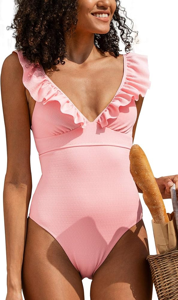 CUPSHE Women's V Neck One Piece Swimsuit Ruffled Lace Up Monokini | Amazon (US)