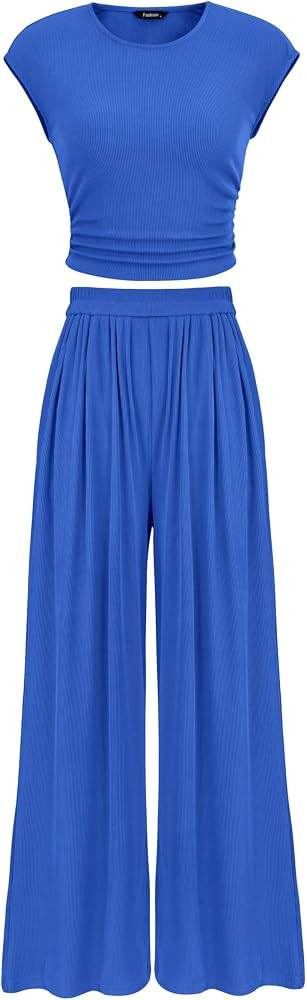 PRETTYGARDEN Women's Summer 2 Piece Outfits 2026 Cap Sleeve Ruched Slim T Shirt Ribbed Knit Wide ... | Amazon (US)