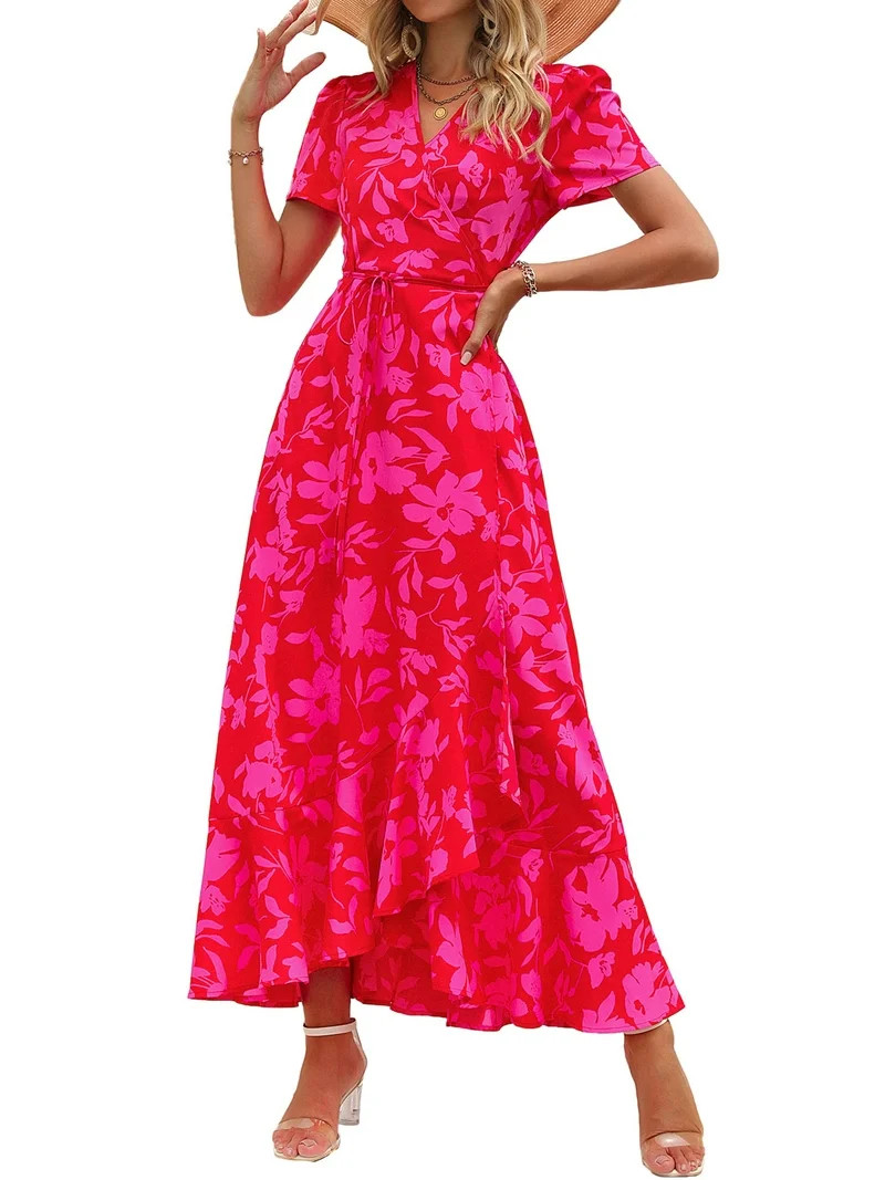 PRETTYGARDEN Women's Summer Wrap Maxi Dress Casual Boho Floral V Neck Short Sleeve Ruffle Hem Spl... | Walmart (US)