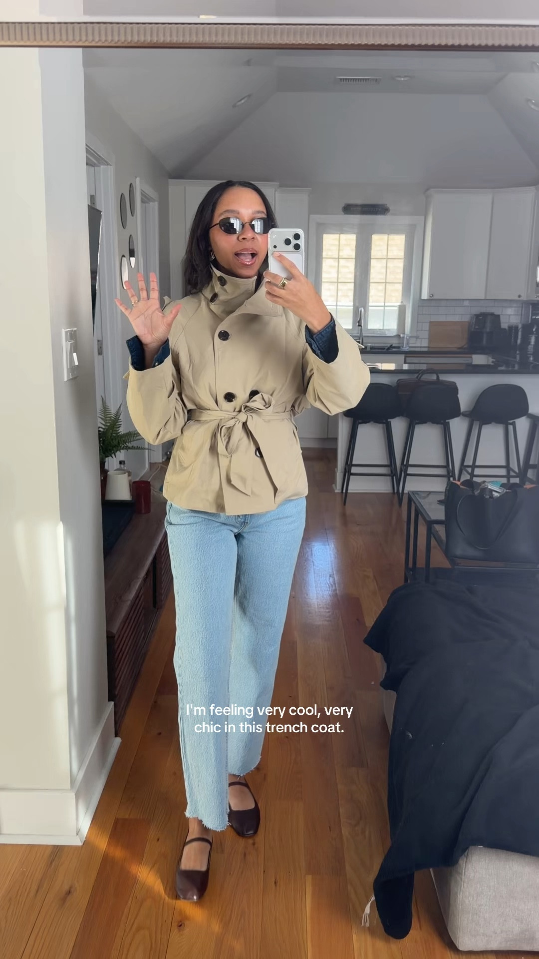 Outfit inspo, trench coat, cropped trench coat, amazon, amazon jacket, ballet flats, sunglasses 