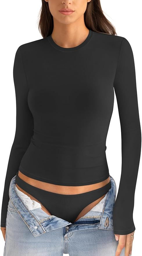 Womens Cotton Long Sleeve Shirts Crew Neck Fitted Basic Going Out Outfits Undershirt Spring Fall ... | Amazon (US)