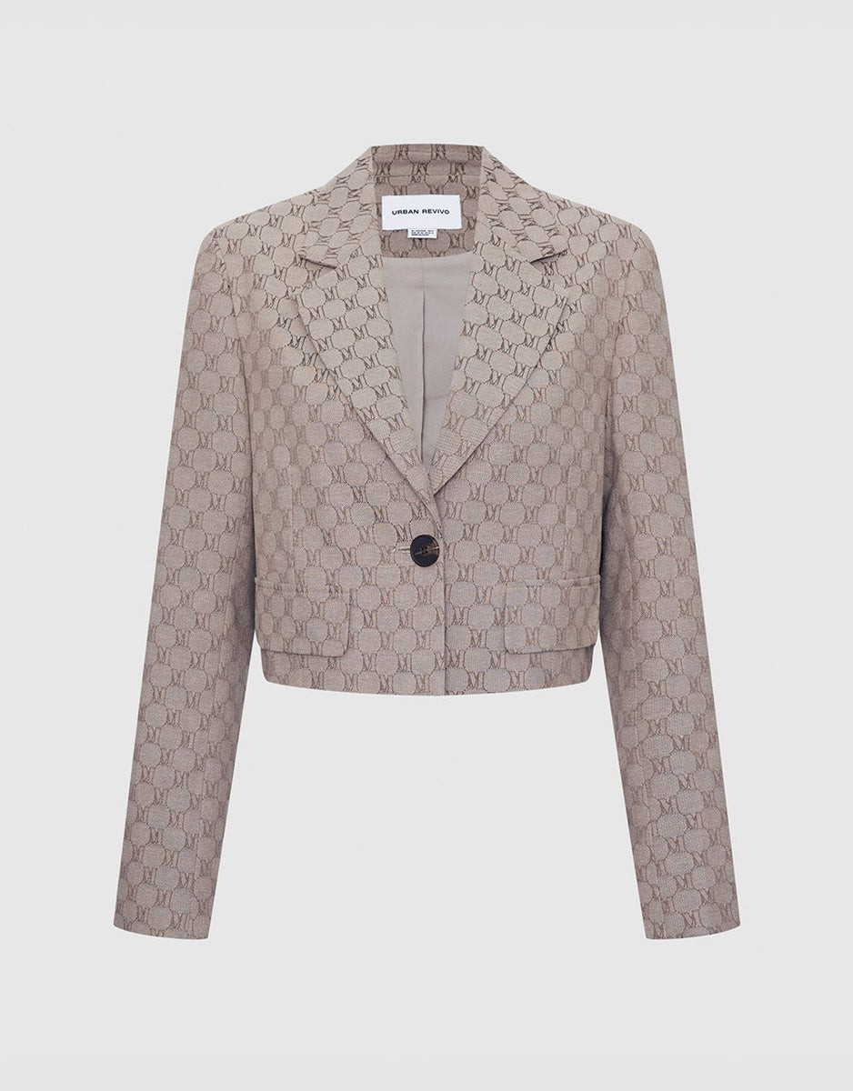 Monogram Single Breasted Crop Blazer | Urban Revivo