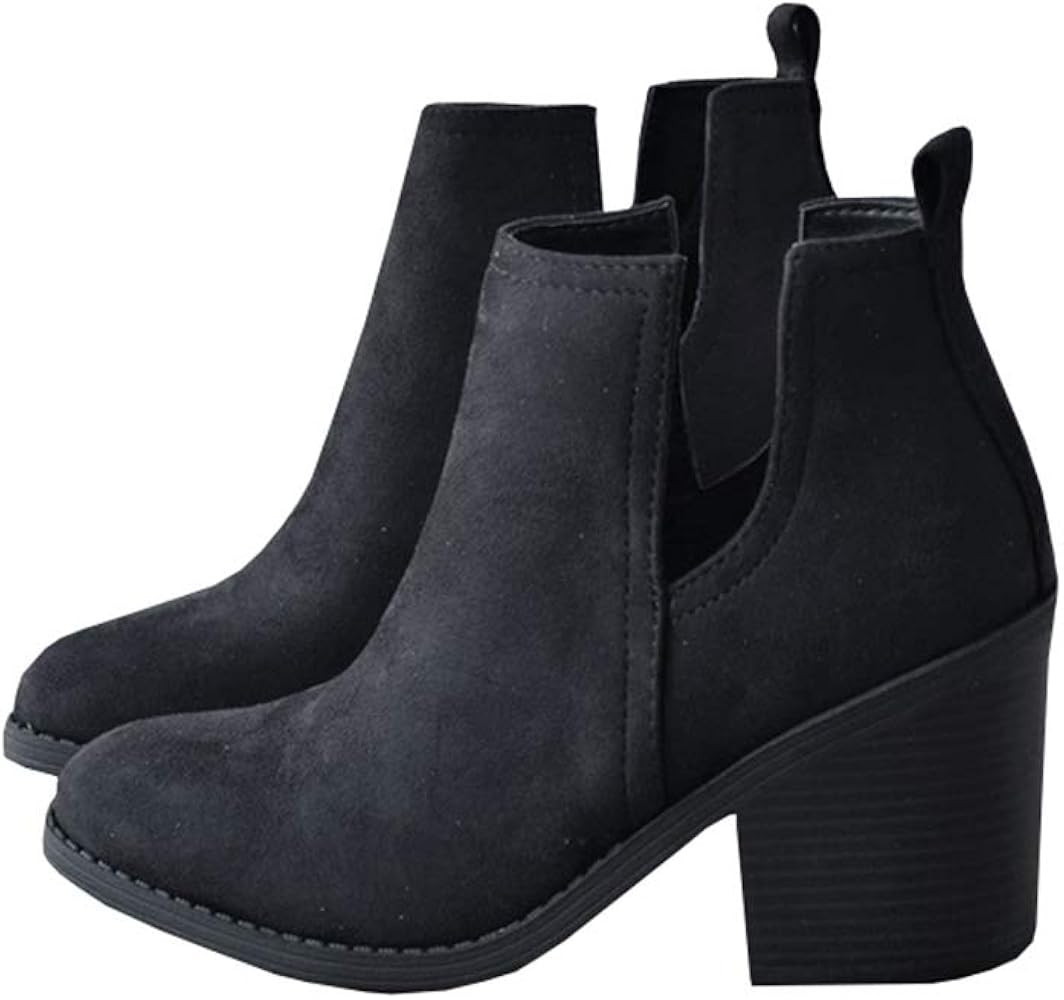 Womens Cutout Booties Chunky Block Heel Round Toe Slip On Western Ankle Boots | Amazon (US)