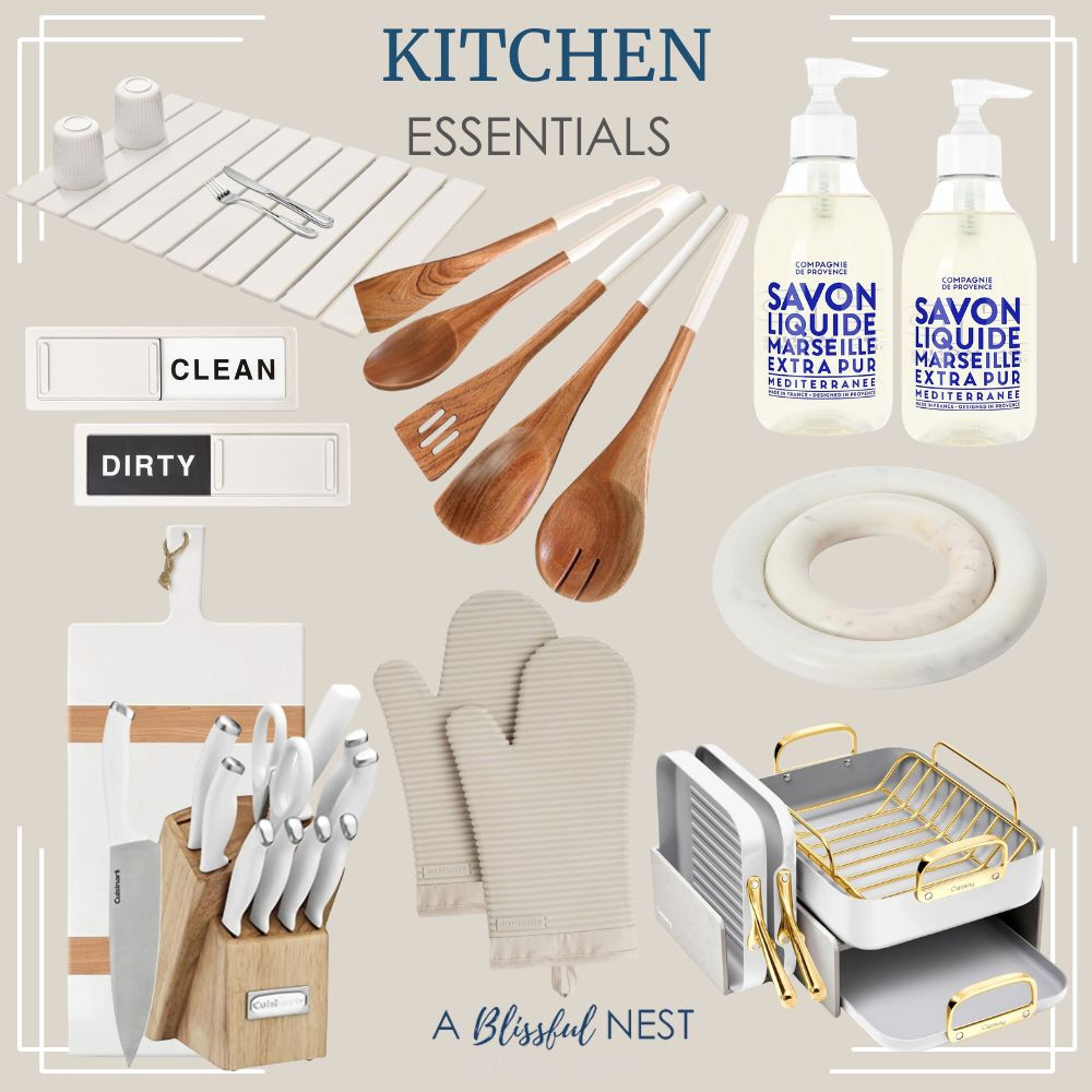 Everyday cooking made easier. Grab these essentials today.
white and wood cooking utensils, KitchenAid Ribbed oven mitts, white and wood knife block set, Caraway Square Cookware Set, marble trivet, liquid hand soap set, white slatted drying mat, clean and dirty dishwasher magnets, and decorative cutting board 

 #LTKHome #LTKFindsUnder50 #LTKFindsUnder100