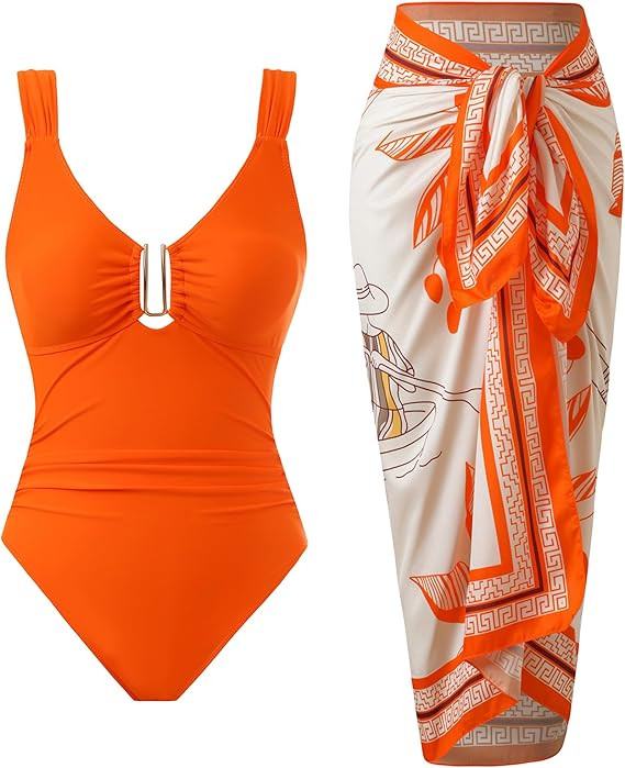 Women’s One Piece Swimsuit Retro Swimwear Set Tummy Control Bathing Suit Cover Up for Women wit... | Amazon (US)