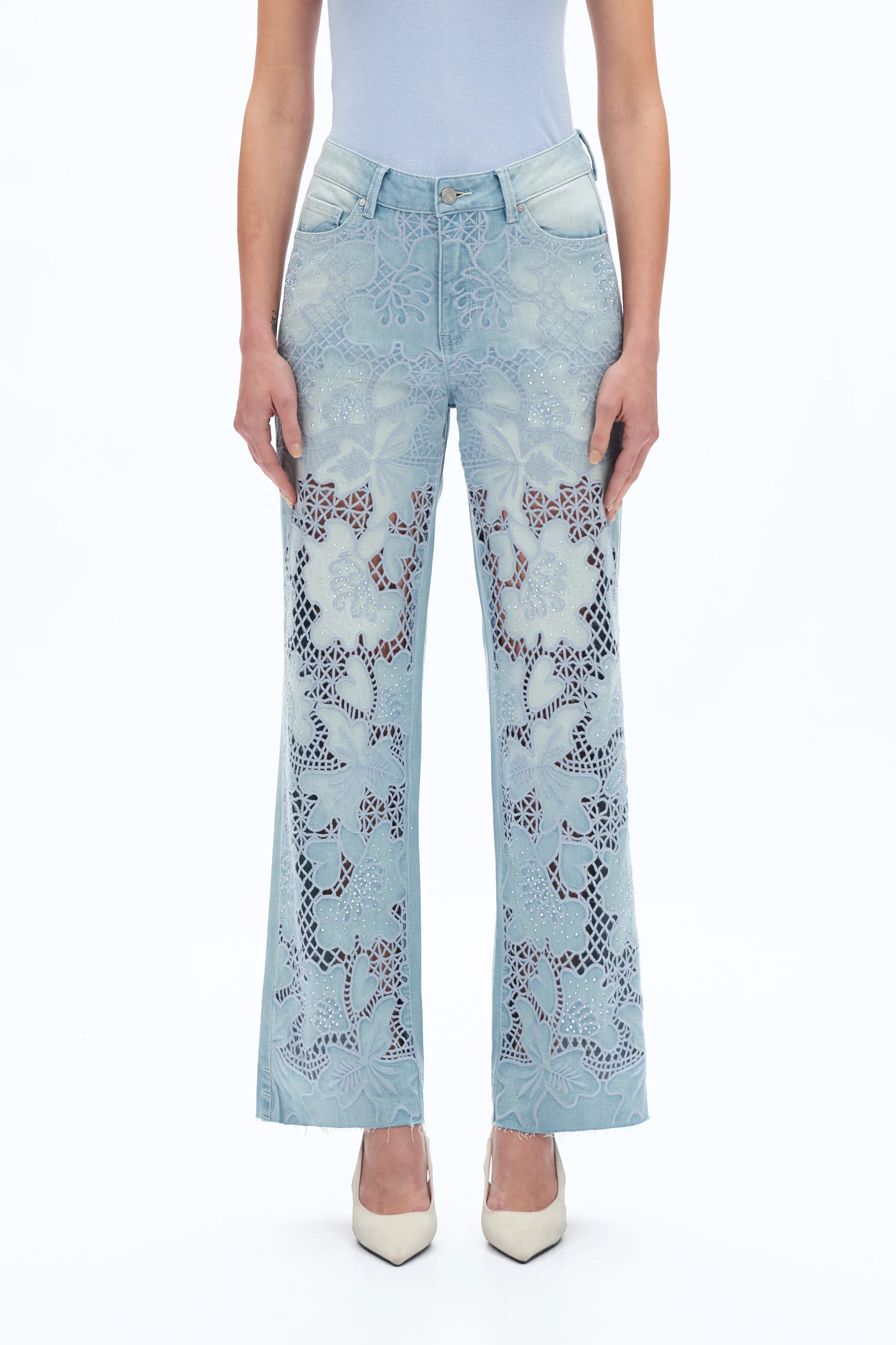 High Rise Embroidered Relaxed Straight Denim Jeans | Bayeas