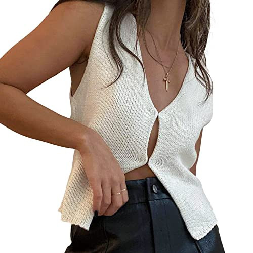 Women Vintage Crochet Vest Tank Top Y2k Sleeveless V Neck Knit Open Front Crop Top Streetwear A-White | Amazon (US)
