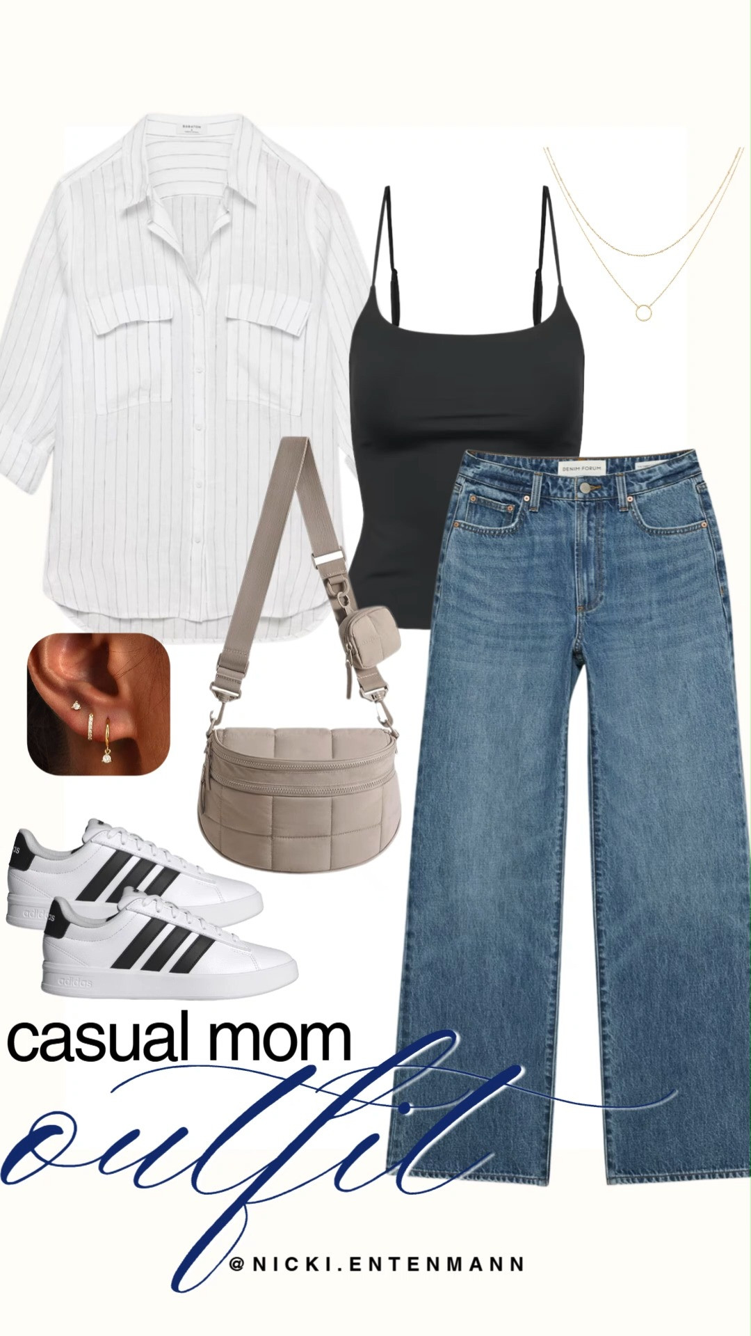 Nail everyday comfort with this effortlessly cool casual mom outfit. A sleek black cami, wide leg jeans, and airy pinstripe button down layer pair seamlessly with Adidas sneakers, beige quilted bag, and gold jewelry. #momstyle #casualoutfit #everydayfashion #outfitinspiration #capsulewardrobe #streetstyle #momfit #casualvibes #shoppinghaul #modernliving 👟👜✨ 

 #LTKootd #LTKmomlife #LTKSaleAlert