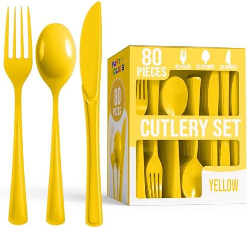 Party Solids Yellow Plastic Silverware 80 Pcs Yellow Cutlery Set | Amazon (US)