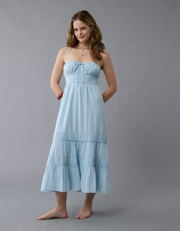 AE Sweetheart Tie Front Midi Dress | American Eagle Outfitters (US & CA)