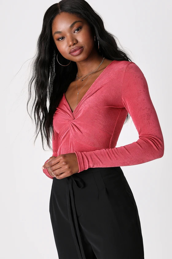Elevated Ensemble Rose Pink Twist-Front Long Sleeve Bodysuit | Lulus (US)