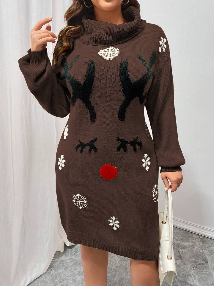 NewTrendsSHEIN LUNE Plus Size High Neck Long Sleeve Graphic Detail Casual Mini Sweater Dress For ... | SHEIN