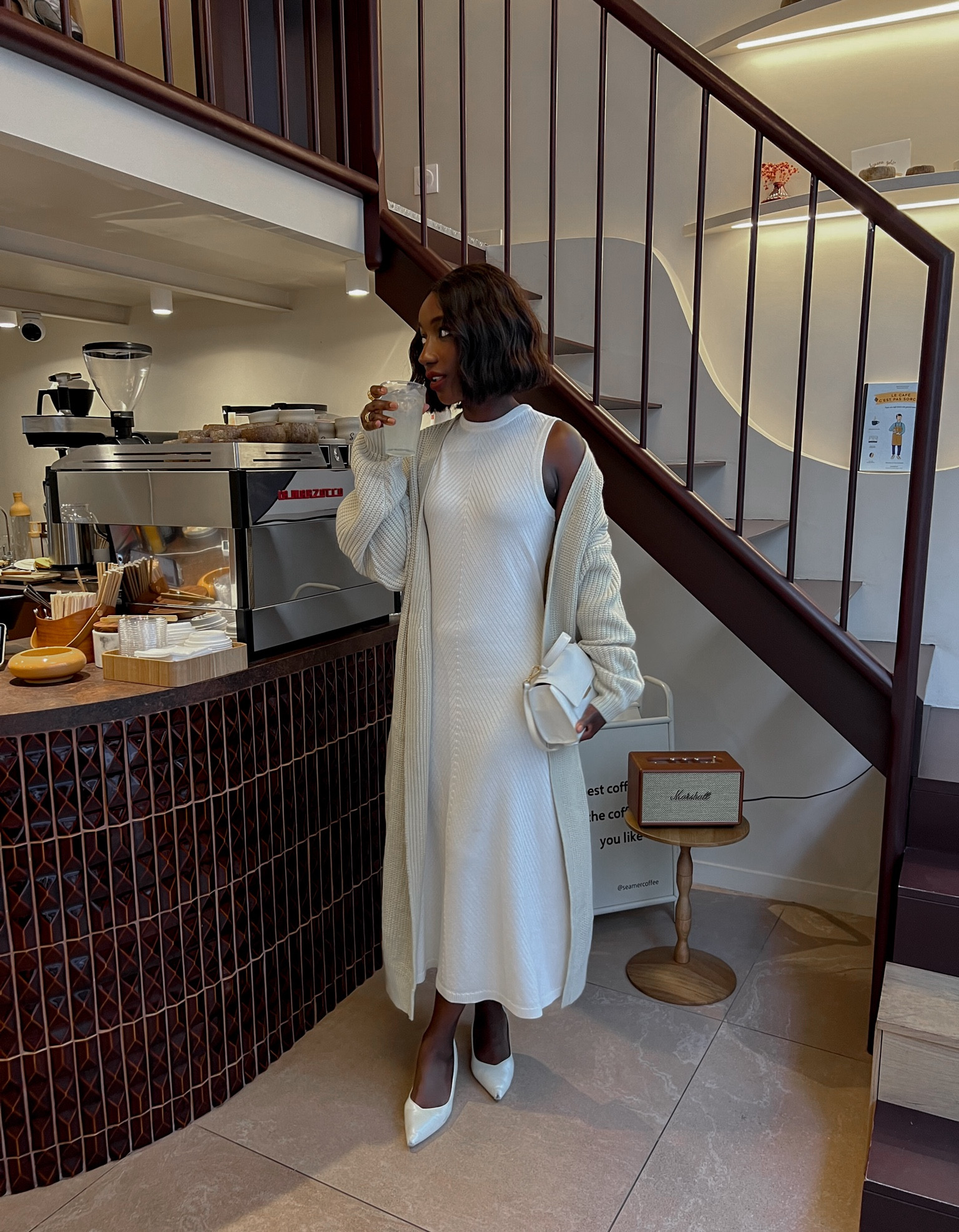 Cozy elegant look for a matcha girls talk 