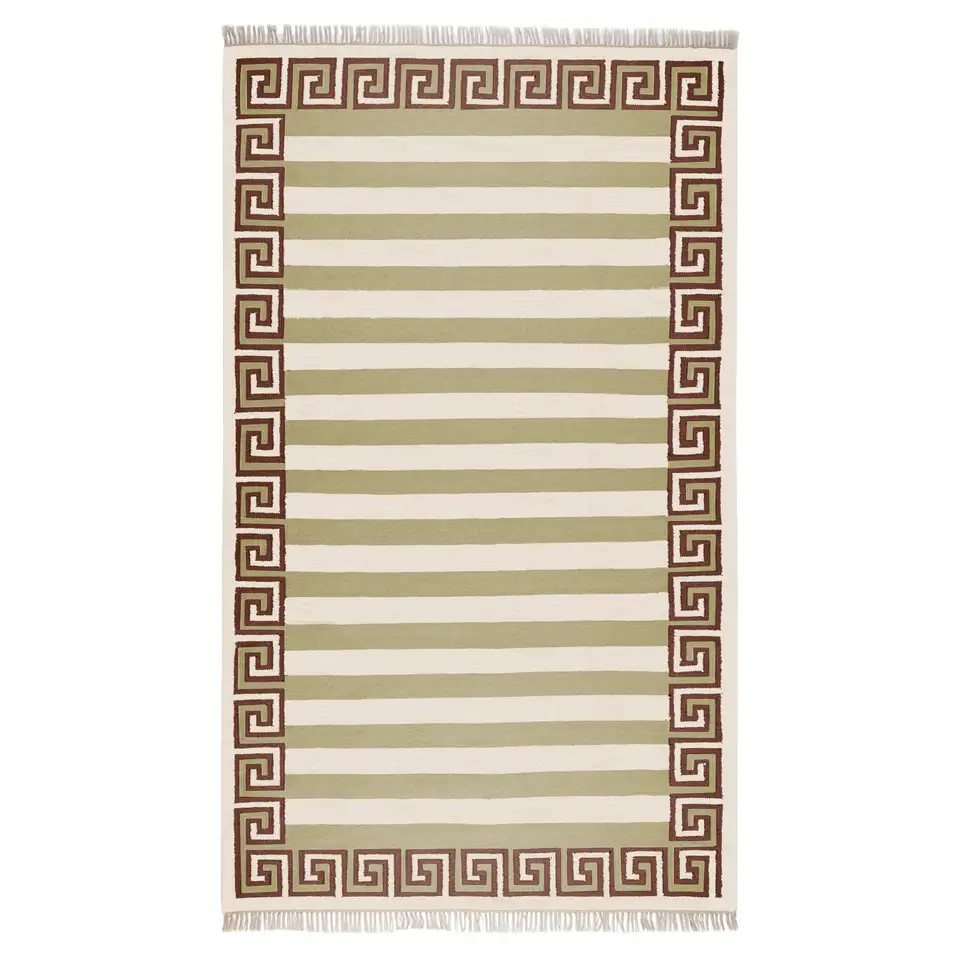 Handwoven Wool Stripe Rug, 8' x 10', Sage, Chocolate Brown and Eggshell | 1stDibs