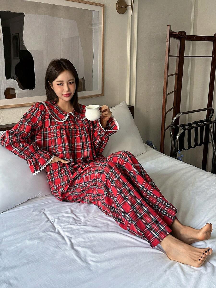 DAZY Cute Christmas Plaid Peter Pan Collar Ruffle Splicing Pajama Set, Fall Winter Clothes | SHEIN