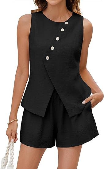 BMJL Womens Summer Outfits 2 Piece Vacation Short Sets Linen Button Down Matching Sets Vest and S... | Amazon (US)