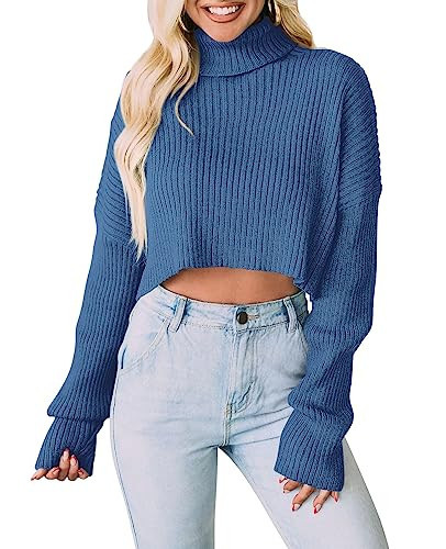 PRETTYGARDEN Women's 2025 Fall Winter Turtleneck Cropped Sweater Causal Ribbed Knit Long Sleeve Pullover Jumper Tops(Blue, Medium) | Amazon (US)