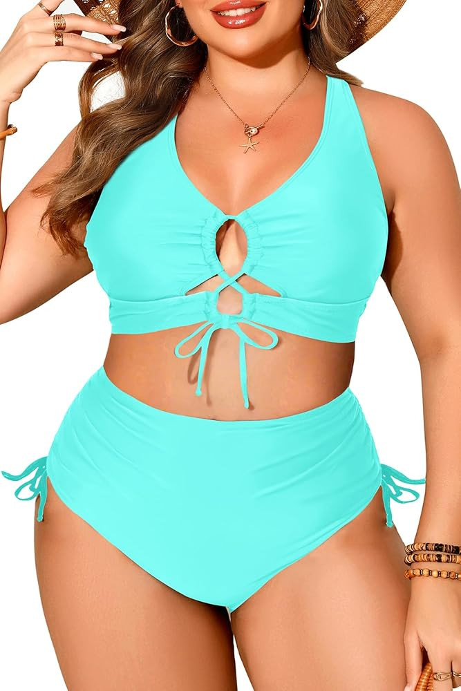 Women Plus Size Two Piece Swimsuit - Tummy Control Bikini Sexy Lace Up Bathing Suits Cutout Swimw... | Amazon (US)