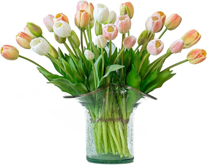 40pcs Artificial Tulips Flowers, Latex Bouquet, Fake Tulips for Office Wedding Party Home Kitchen... | Amazon (US)