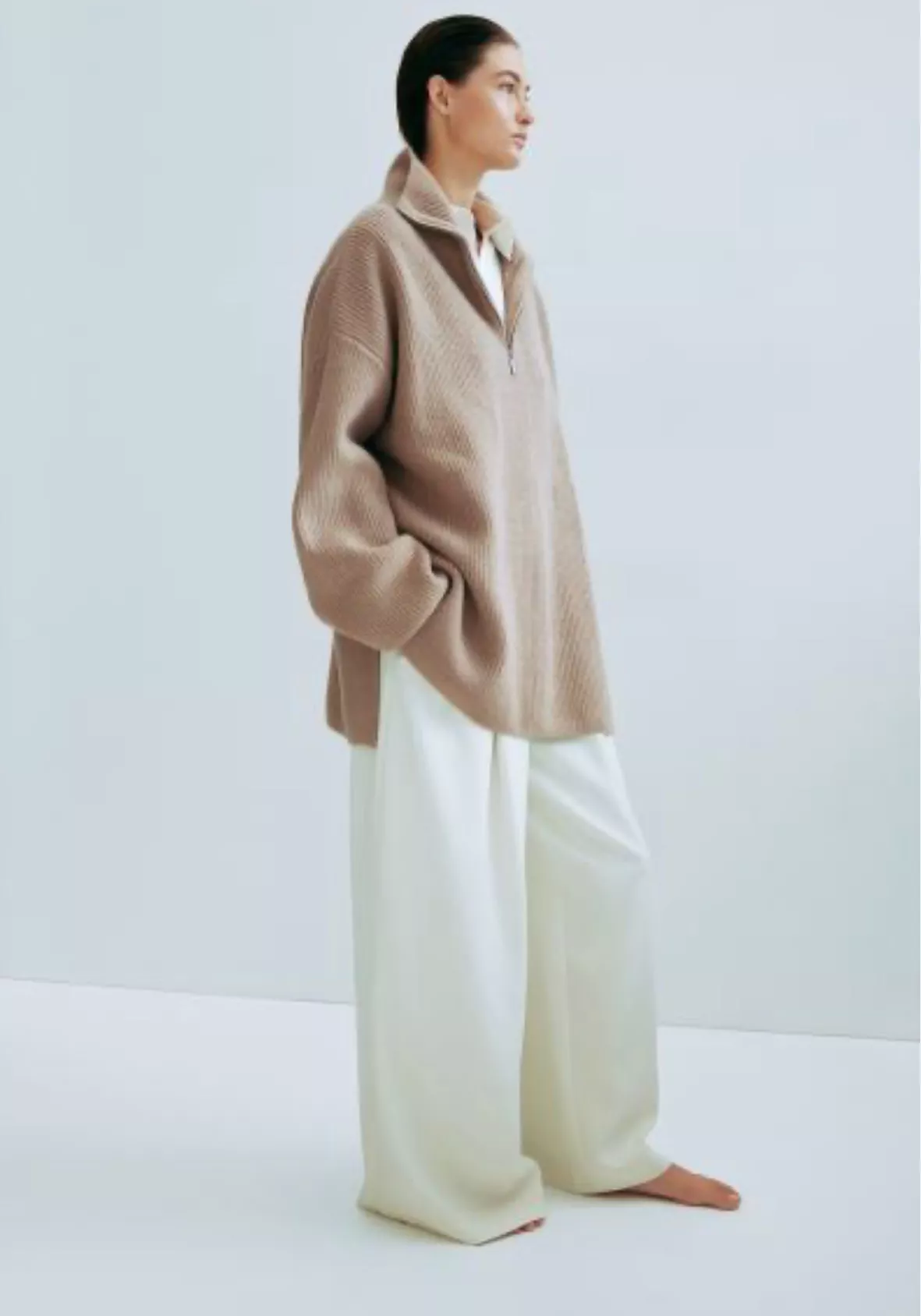 Oversized Rib-knit Sweater - Light beige - Ladies