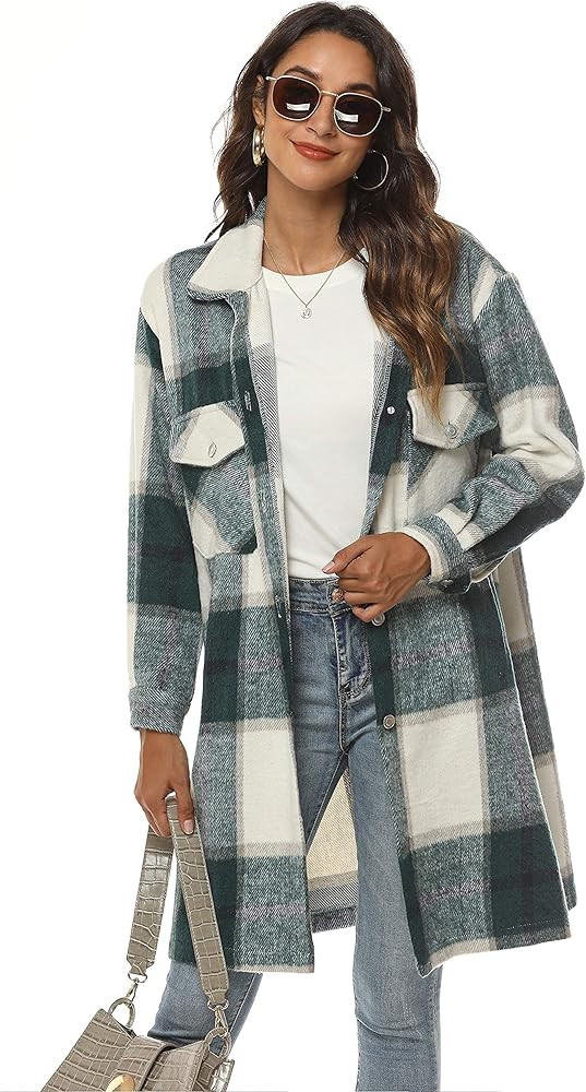 Springrain Women's Casual Plaid Wool Blend Shacket Button Shirt Long Jacket Coat | Amazon (US)